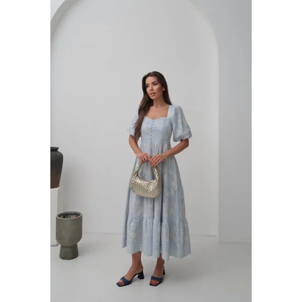 Bebe Mavi Süs Düğmeli Balon Kollu Elbise