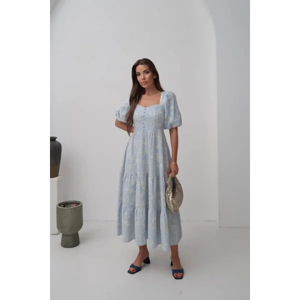 Bebe Mavi Süs Düğmeli Balon Kollu Elbise