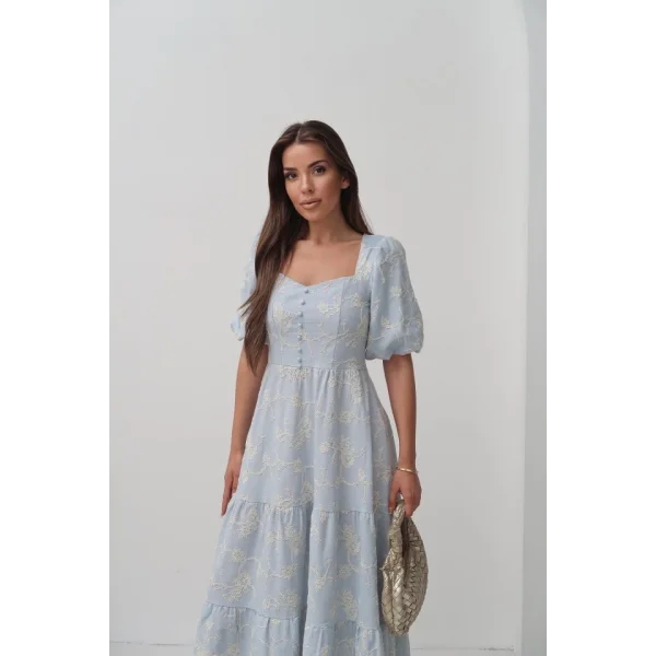 Bebe Mavi Süs Düğmeli Balon Kollu Elbise