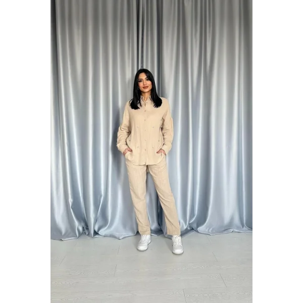 Bej 3 Taş otifli Gömlek Ve Pantolon Takım