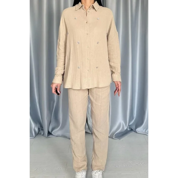 Bej 3 Taş otifli Gömlek Ve Pantolon Takım