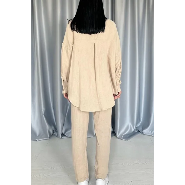 Bej 3 Taş otifli Gömlek Ve Pantolon Takım