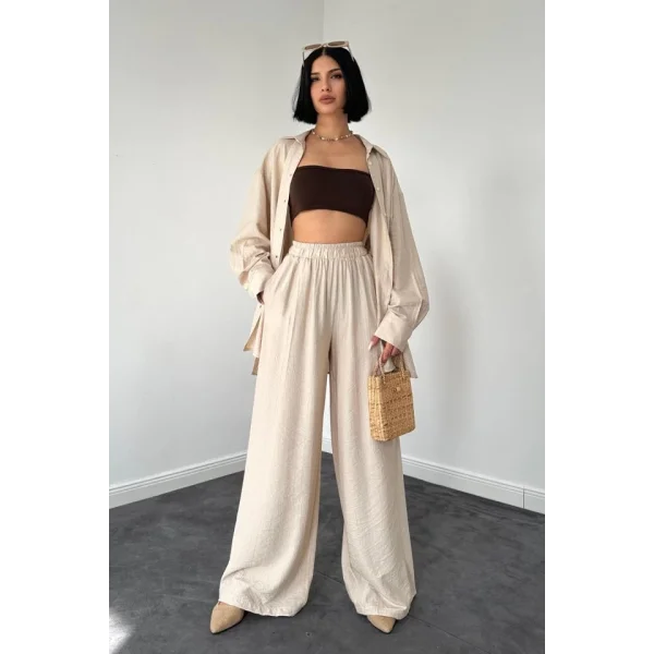 Bej Alice Gömlek Ve Bol Kesim Pantolon Takım
