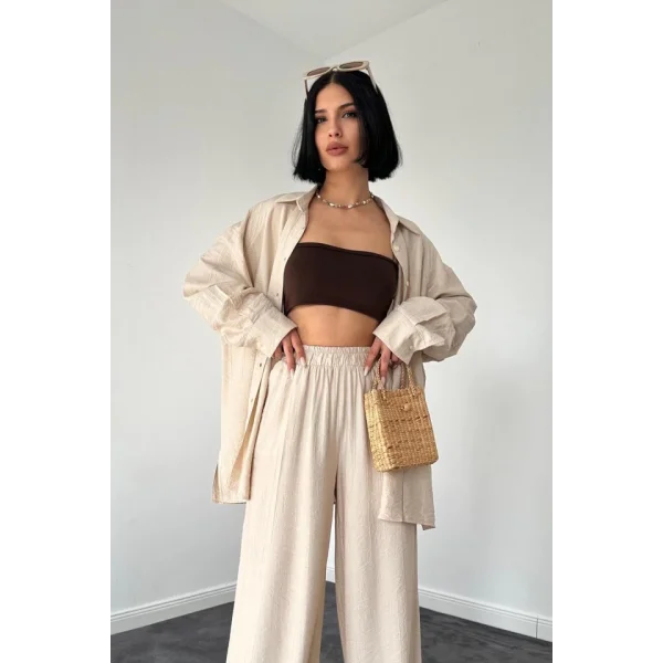 Bej Alice Gömlek Ve Bol Kesim Pantolon Takım