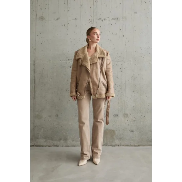 Bej Apoletli Kürklü Ceket