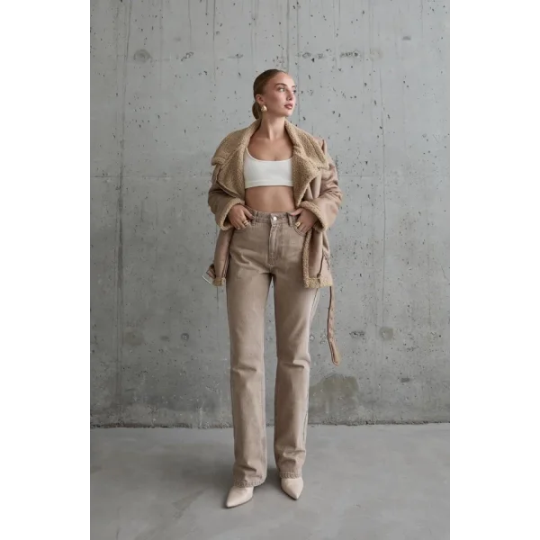 Bej Apoletli Kürklü Ceket