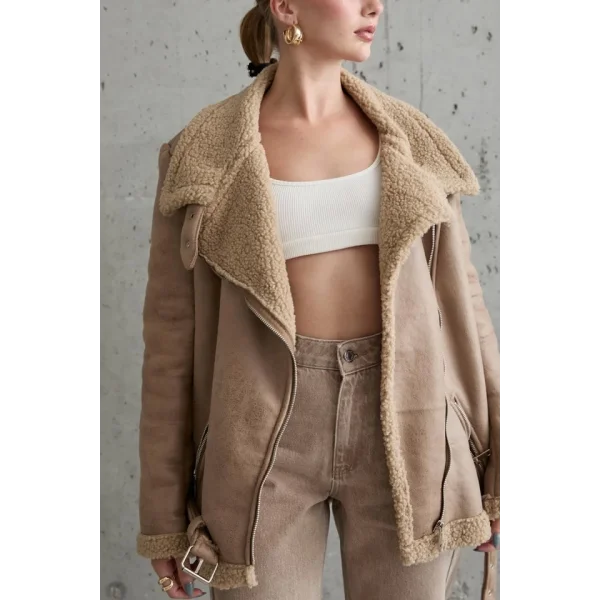 Bej Apoletli Kürklü Ceket