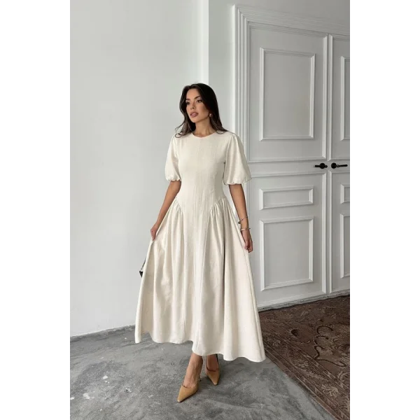 Bej Arkadan Bağlamalı Büzgülü Keten Elbise