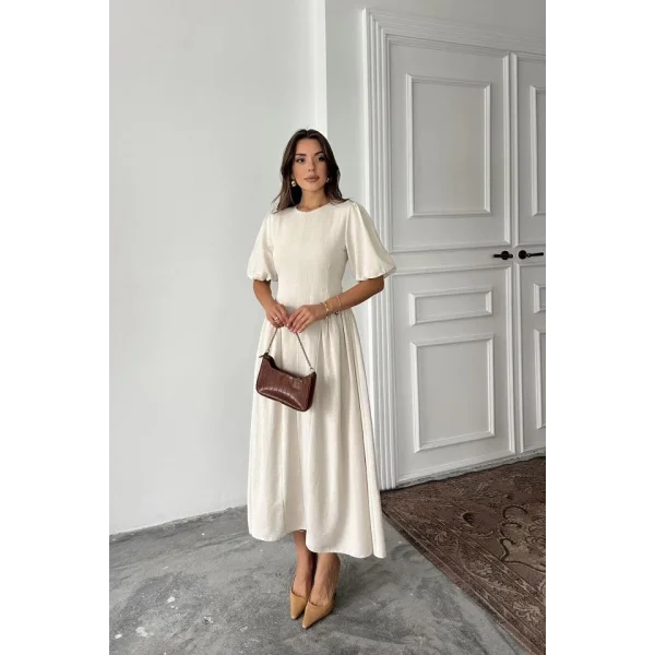 Bej Arkadan Bağlamalı Büzgülü Keten Elbise