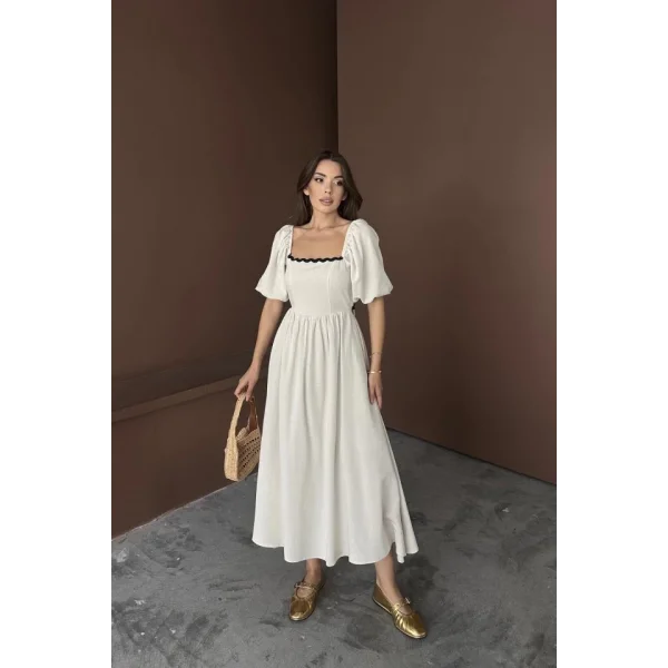 Bej Arkası Bağlamalı Keten Elbise