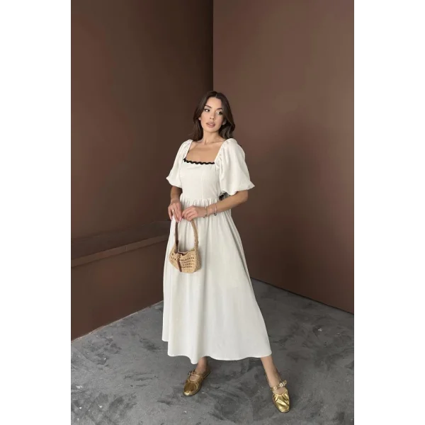 Bej Arkası Bağlamalı Keten Elbise