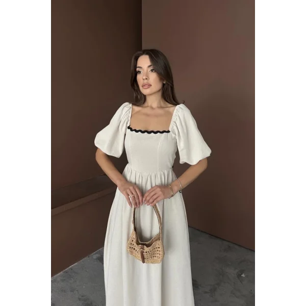 Bej Arkası Bağlamalı Keten Elbise