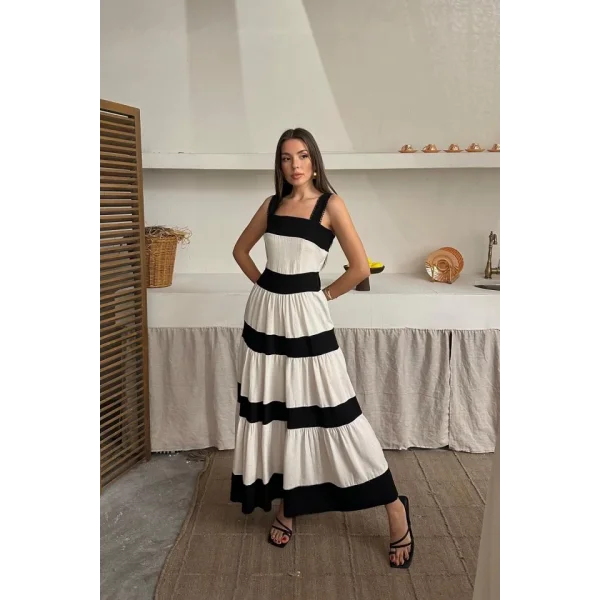 Bej Arkası Fiyonklu Keten Elbise