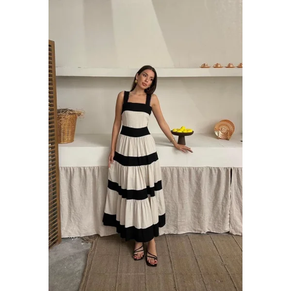 Bej Arkası Fiyonklu Keten Elbise