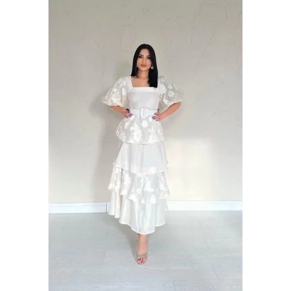 Bej Balon Kollu Kat Kat Elbise