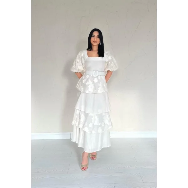 Bej Balon Kollu Kat Kat Elbise