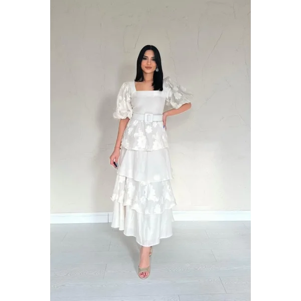 Bej Balon Kollu Kat Kat Elbise