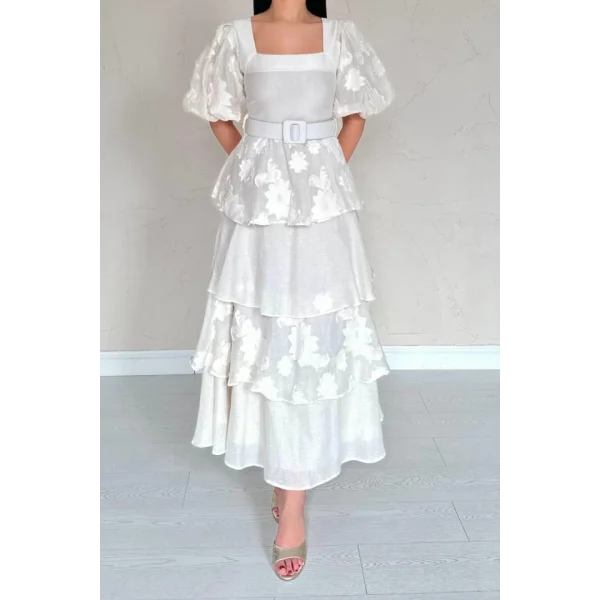 Bej Balon Kollu Kat Kat Elbise