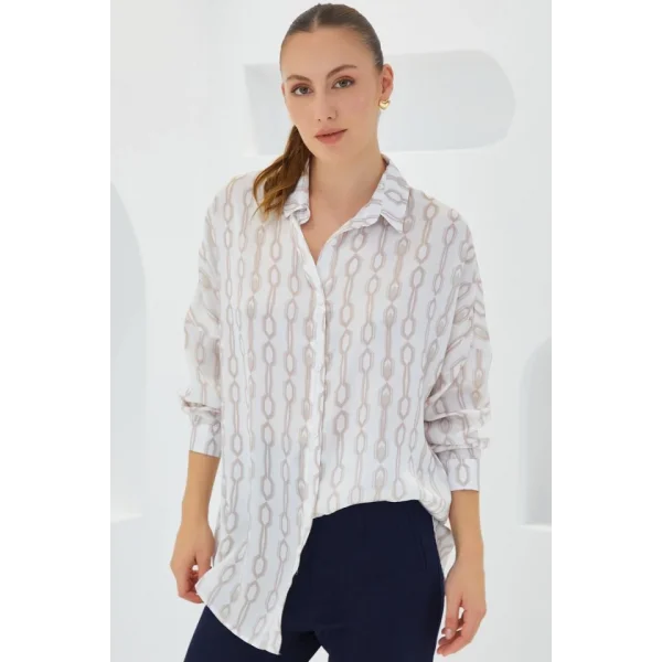 Bej Beyaz Desenli Oversize Saten Gömlek 3985