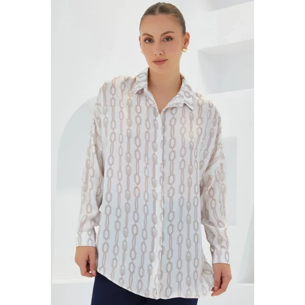 Bej Beyaz Desenli Oversize Saten Gömlek 3985