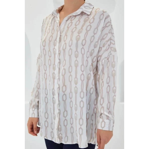 Bej Beyaz Desenli Oversize Saten Gömlek 3985