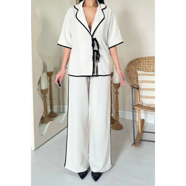 Bej Biye Detaylı Keten Takım