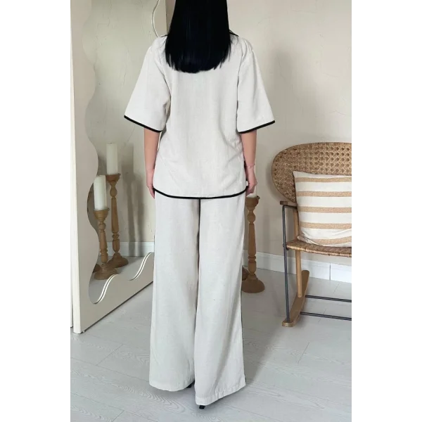 Bej Biye Detaylı Keten Takım