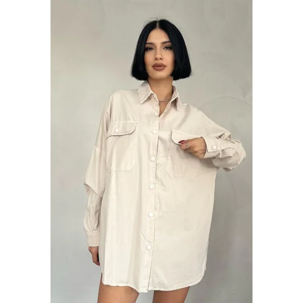 Bej Çift Cep Kapaklı Çıtçıtlı Gömlek