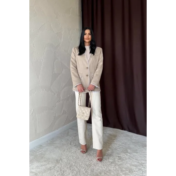 Bej Çizgili Astarlı Garnili Süet Ceket