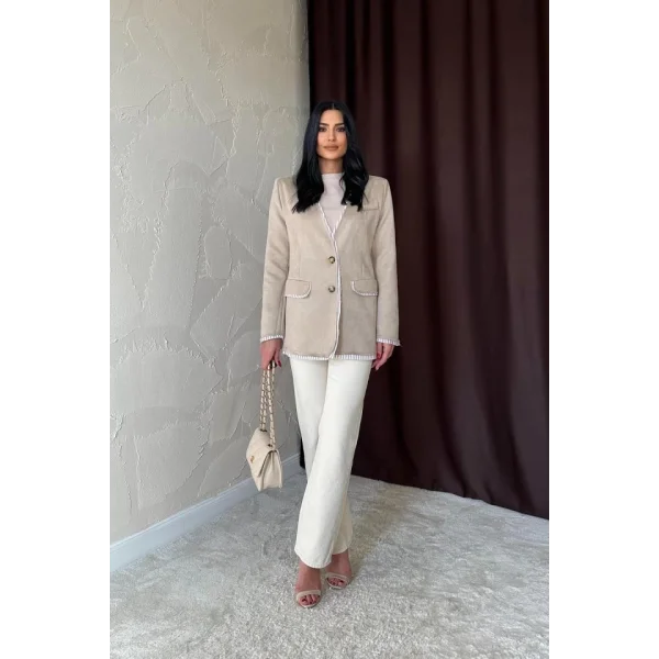 Bej Çizgili Astarlı Garnili Süet Ceket