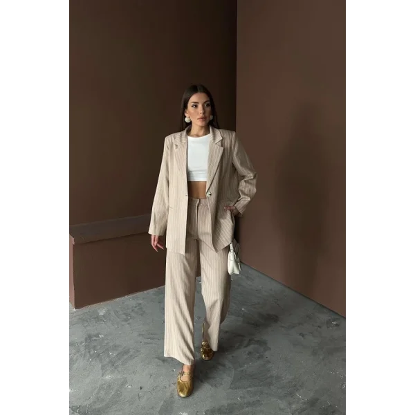 Bej Çizgili Ceket Ve Pantolon Takım