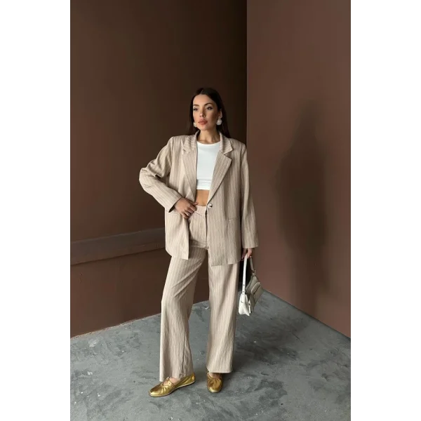 Bej Çizgili Ceket Ve Pantolon Takım