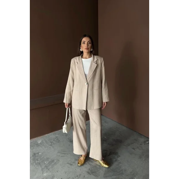 Bej Çizgili Ceket Ve Pantolon Takım