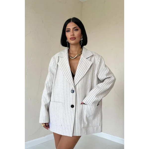Bej Çizgili Oversize Ceket
