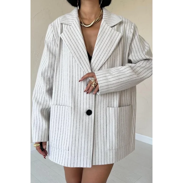 Bej Çizgili Oversize Ceket