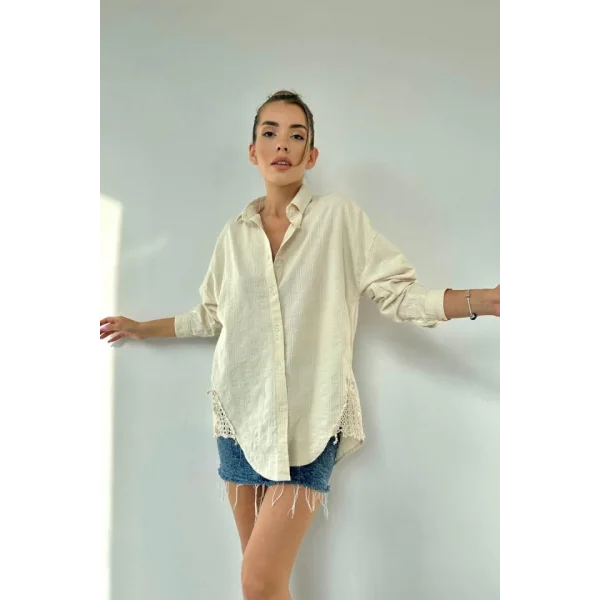 Bej Dantel Detaylı Keten Gömlek