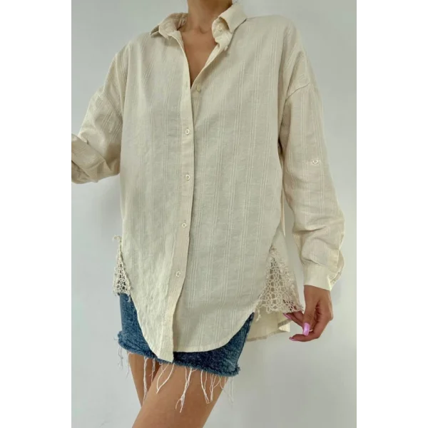 Bej Dantel Detaylı Keten Gömlek
