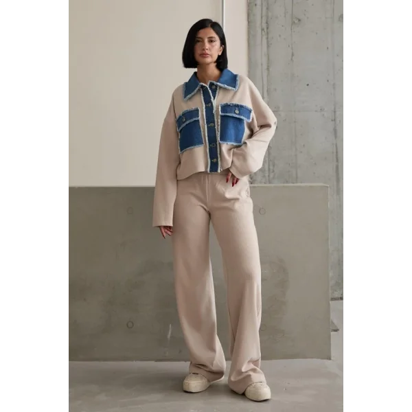 Bej Denim Garnili Gömlek Ve Pantolon Takım