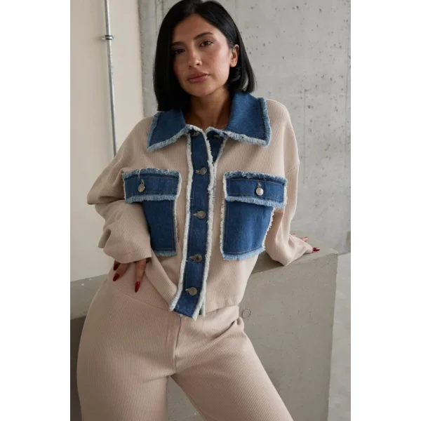 Bej Denim Garnili Gömlek Ve Pantolon Takım