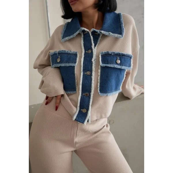 Bej Denim Garnili Gömlek Ve Pantolon Takım