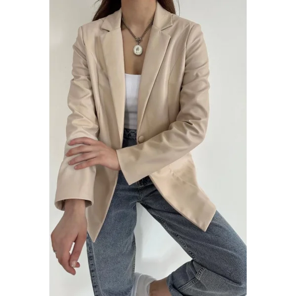 Bej Düğmeli Deri Ceket