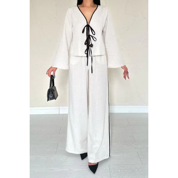 Bej Fiyonklu Keten Takım