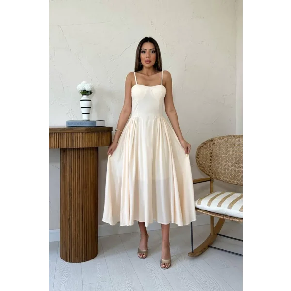 Bej Göğüs Kuplu Uzun Büzgülü Elbise