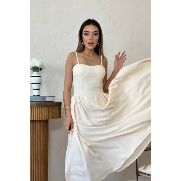 Bej Göğüs Kuplu Uzun Büzgülü Elbise