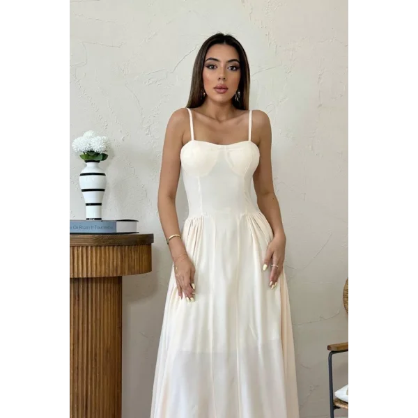 Bej Göğüs Kuplu Uzun Büzgülü Elbise