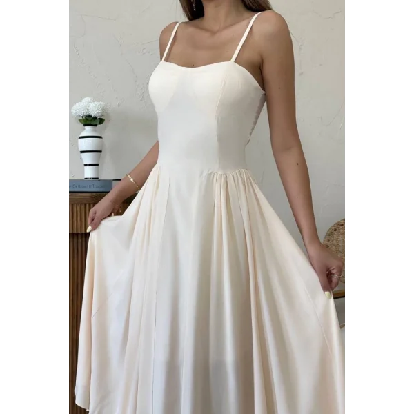 Bej Göğüs Kuplu Uzun Büzgülü Elbise