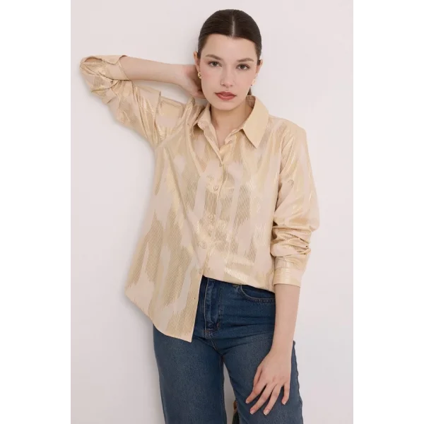 Bej Gold Varak Desenli Gömlek 20253