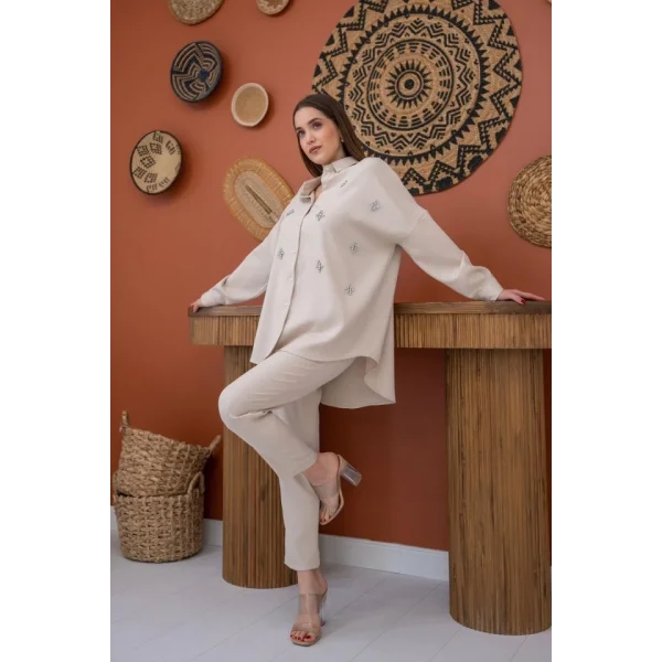 Bej Gömleği Taşlı Fitilli Takım