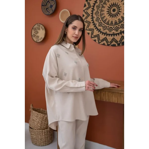 Bej Gömleği Taşlı Fitilli Takım