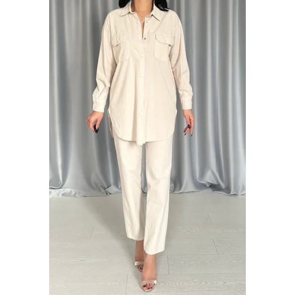 Bej Gömlek Ve Çıtçıtlı Pantolon Takım